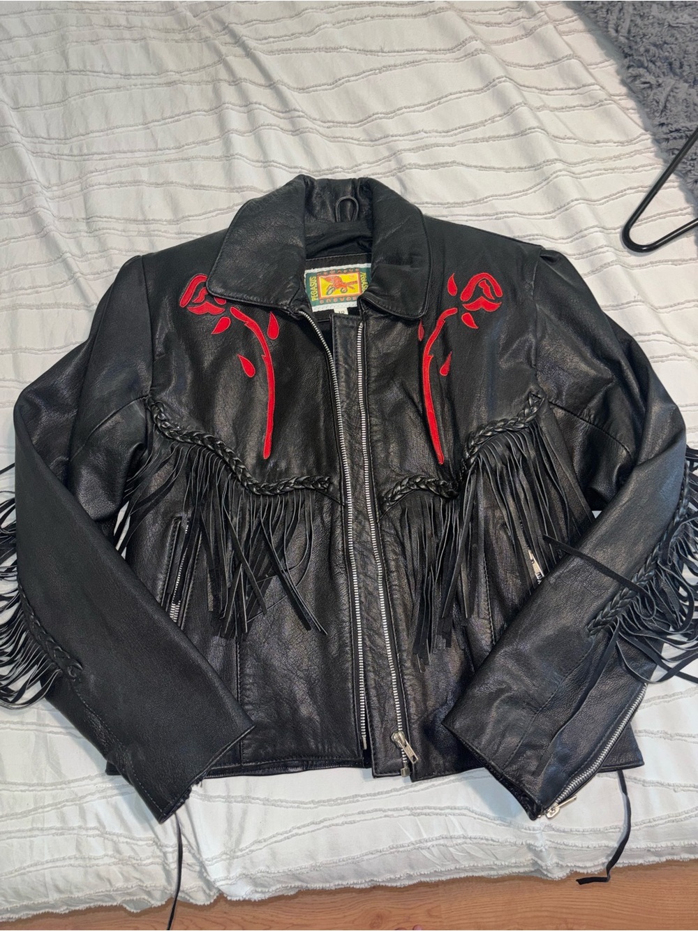 Black Leather Fringe Jacket with Red Floral Embroidery